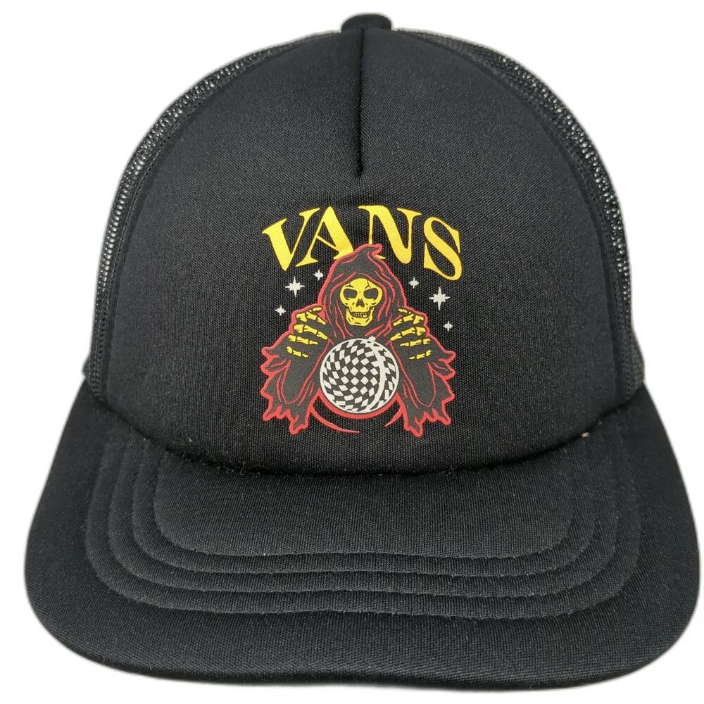 Vans Trucker Hat Black One Size Skeleton Reaper Checkerboard Mesh Back Snapback